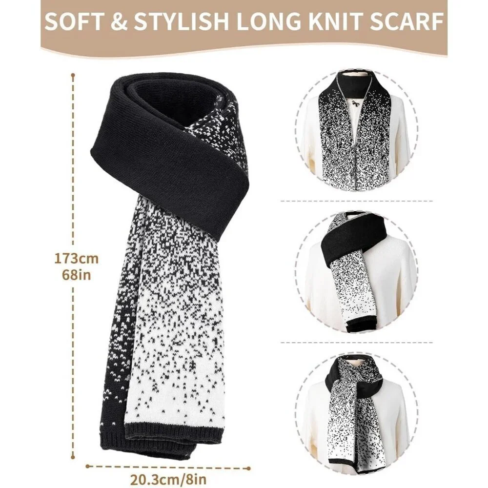 Women's Black White Winter Beanie Hat Scarf Gloves Set Pom Warm Christmas Gift
